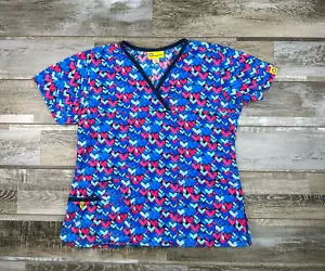 Women's S Wonderwink scrub top blue pink hearts short sleeve Nurse Medical - Picture 1 of 6