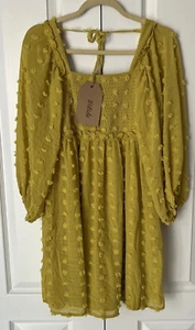 New Listicle Women's Mustard Yellow Smocked Boho Peasant Dress Lined Pockets U9 - Picture 1 of 9