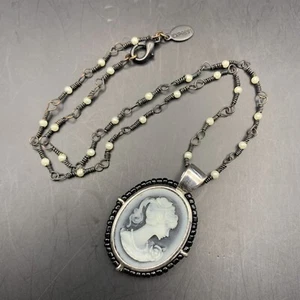 Express Cameo Pendant Necklace Antiqued Bronze Silver Tone Faux Seed Pearl - Picture 1 of 7