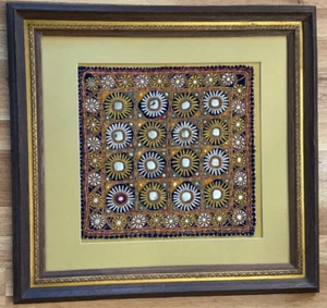 Vintage Hand Embroidery Kutchi MIRROR Banjara Ethinc Tapestry FRAMED 26.5" X 25" - Picture 1 of 5