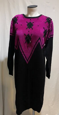 ❤️Vintage Plain Jane Knit Sweater Dress Hot Pink & Black With Sparkles Acrylic M - Image 1 of 4