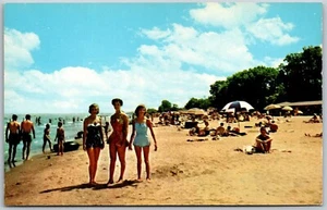 Vtg Greetings from Flint MI Beach Scene River Women Bathing Suits 1950s Postcard - Picture 1 of 2