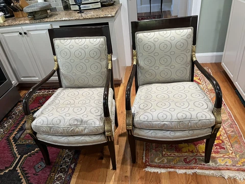 Pair Of Ethan Allen Lacquered Black And Gold Regency Arm Chairs Cover
