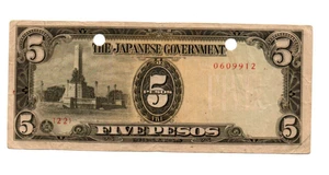 5 PESOS FINE CANCELLED BANKNOTE FROM JAPANESE OCCUPIED PHILIPPINES 1943 PICK-110 - Picture 1 of 2