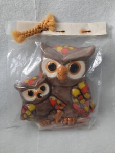 1970's Vintage Macrame ~ Large Ceramic Bead Owl and Owlet ~ 5" x 5" ~ NOS - Picture 1 of 12