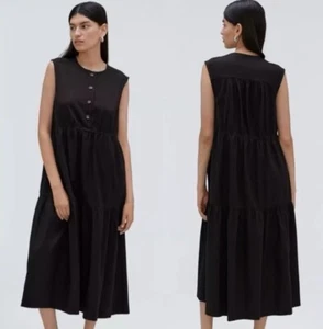 Maxi Vestido Everlane Pequeño Algodón en Niveles Midi Negro S - Imagen 1 de 9