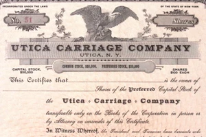 Utica Carriage Company Utica NY Aktienzertifikat Stempelglanz - Bild 1 von 3