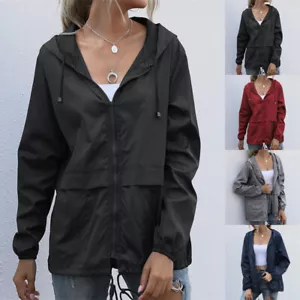 Ladies Hooded Jacket Full Zip Drawstring Coat Outdoor Wind Rain Forest Jackets - Picture 1 of 13