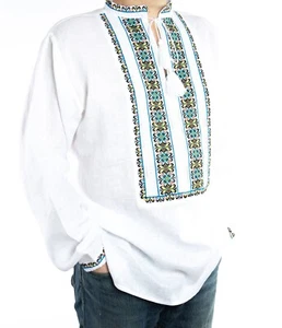 Vyshyvanka Mens Ukrainian bride groom hand Embroidery LINEN shirt cross stith L - Imagen 1 de 8