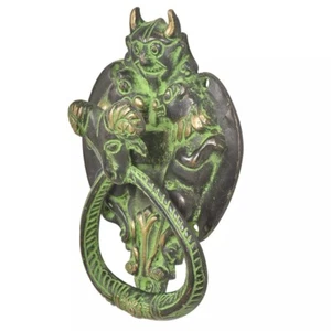 Antique Look Brass Green Patina Demon Two Lions Ram Head Door Knocker Door Bell - Picture 1 of 2