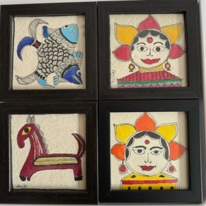 Panita 4er Set Madhubani Zeichnungen gerahmt Volkskunst Indien - Bild 1 von 8