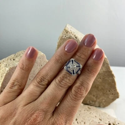 Art Deco Inspired Asscher Cut Diamond Sapphire Platinum Ring Natural 1.45 CTW - Image 1 of 4