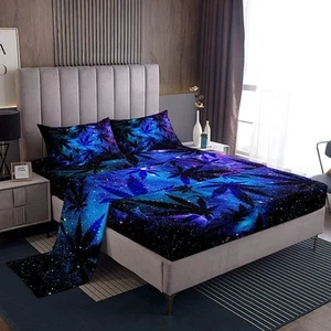 Galaxy Space Bed Sheets Marijuana Leaf Sheet Set Botanical Weed Bedding Hemp ... - Picture 1 of 1