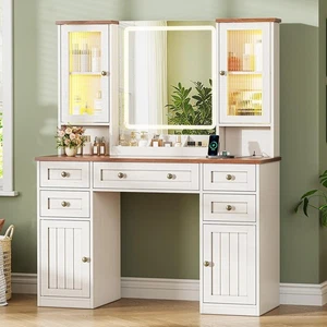 Weißer Bauern-Schminktisch mit LED-Spiegel, 3 Farbmodi, RGB-Leuchten, 5 Schubladen - Bild 1 von 8