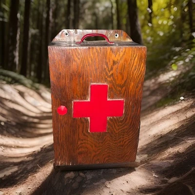 Antique Wood Medicine Medic Cabinet CA Gold Mine Red Cross w/Red Bakelite Knob - Image 1 of 4