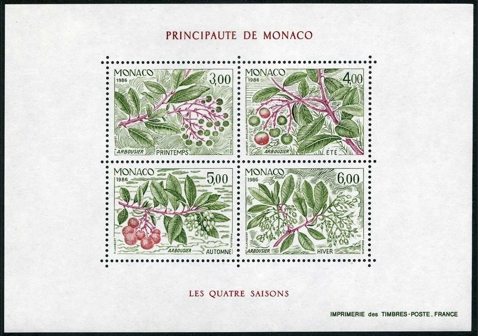 Monaco 1559, MNH. Michel 1782-1785 Bl.34. Arbutus tree branch, 1986. - Image 1 of 1