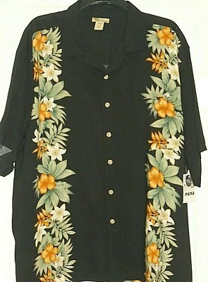 Islander Hawaiian Style Short Sleeved Shirt in Black with Floral Panels Size 2X - Image 1 of 4
