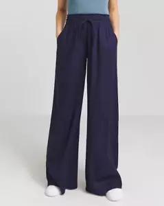 PANTALONE DONNA SIMPLY BE CRAVATTA VITA MISTO LINO GAMBA LARGA BLU NAVY L30" NUOVO (rif 494) - Foto 1 di 3