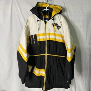 VTG 90s Pittsburgh Penguins Fan Gear PUFFER JACKET L NHL Parka Hockey Coat Hood - Picture 1 of 13