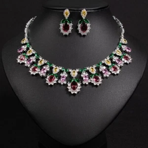 Luxury Flower All Cubic Zirconia CZ Wedding Necklace Earrings Set For Adult - Picture 1 of 10