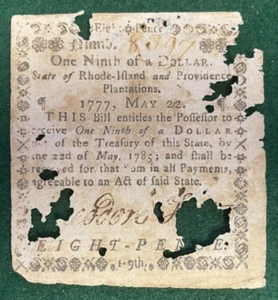Rare but poor May 22, 1777 Rhode Island Signed T. Foster 1/9th of a $ (8 Pence) - Picture 1 of 2