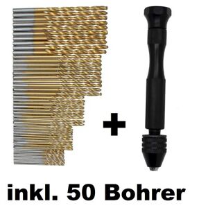 HANDBOHRER + 50 Spirahlbohrer HSS SET Hand Bohrer Modellbau Schmuck 1 1,5 2 3 mm