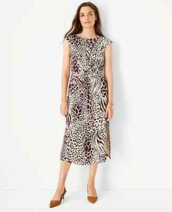Vestido mixto Ann Taylor estampado animal con corbata cintura medio, viscosa, talla 16, nuevo con etiquetas - Imagen 1 de 8