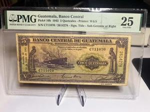 GUATEMALA 5 QUETZALES BANCO CENTRAL 1945 SUB GERENTE AT RIGHT PMG25 VF SCARCE - Picture 1 of 3