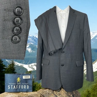 Stafford 2 Piece Suit Mens 44L 40x30 Gray Plaid Wool Double Vented Two Buttons - Image 1 of 4