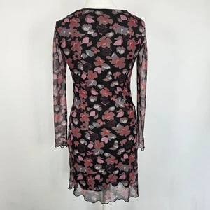 Desigual Floral Chiffon Bodycon Dress Sheer Sleeves Women Size UK 12 Black Pink - Picture 1 of 8