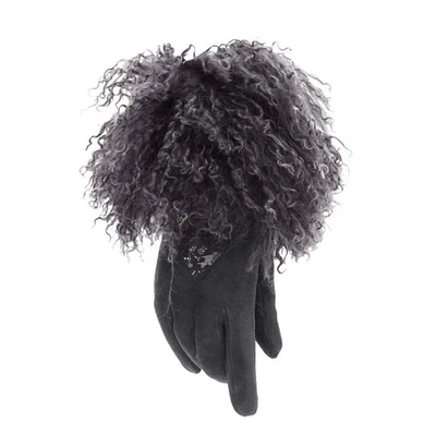 Christian Dior Mongolian Shearling Fur Suede Lace Panel Gloves Women Gre One - Image 1 of 4