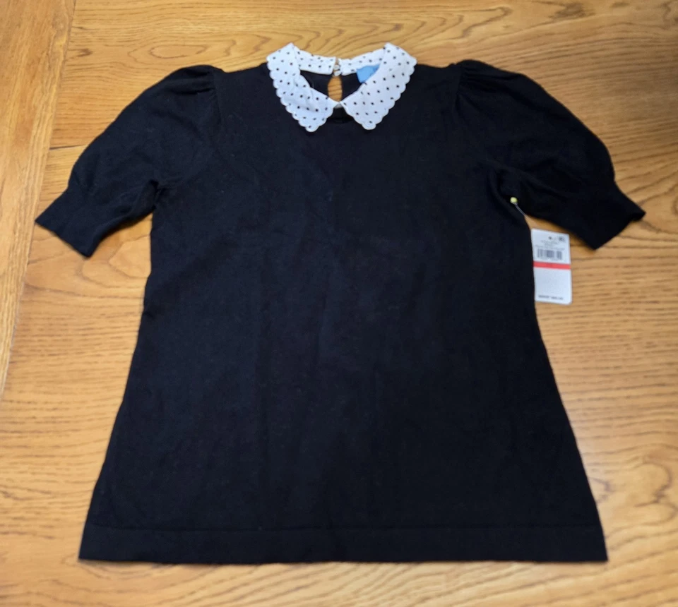 全新带标签 CECE 女式黑色毛衣 Wt Poka Dot Peter Pan 领 XS 码 — 第 1/3 张图片