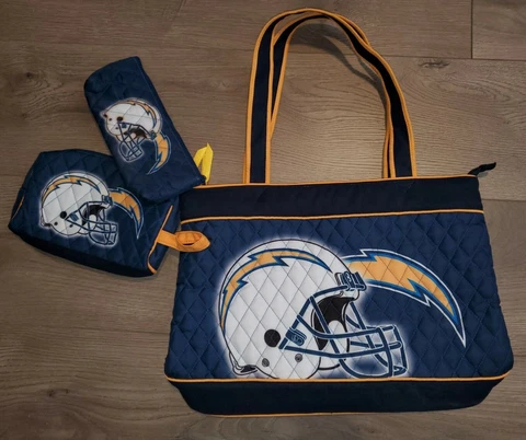 NFL Los Angeles Chargers Bradford Exchange Purse Tote Quilted & 2 Cosmetic Bags Cover