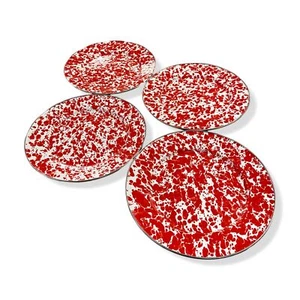 $126 Golden Rabbit Red Abstract Swirl Enamelware Round Dinner Plate 4pc Set 10.5 - Picture 1 of 5