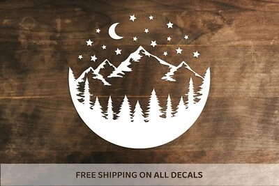 Mountain Forest And Stars Vinyl Decal | Adventure Car Bumper Sticker Hiking Tree - Image 1 of 4