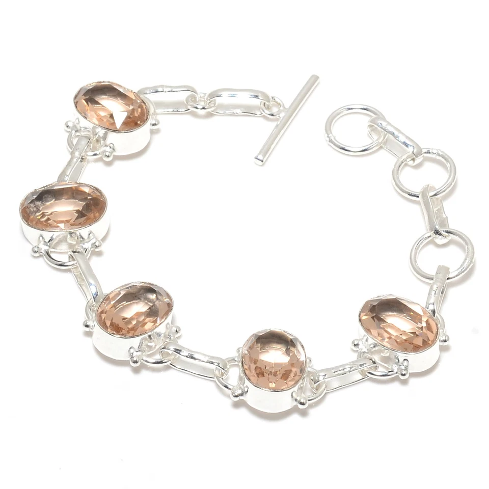 Brazalete de joyería de plata de ley 925 hecho a mano con piedras preciosas de morganita melocotón tamaño 7-8" Foto 1 de 1