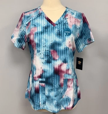 NWT Dickies Scrub Top M Teal & Mauve Sparkle Tie Dye Scubs Nurse Uniform Medical - Image 1 of 4