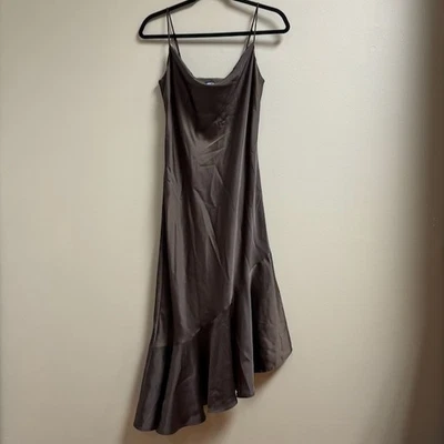 Vestido midi SCOOP para mujer Y2K talla S marrón satinado capucha cuello asimétrico salir Foto 1 de 4