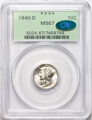 Moneda de diez centavos de plata Mercury 1940-D 10c graduación profesional MS67 CAC - OGH - blanco explosivo - gran brillo Foto 1 de 2