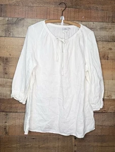 Hot Cotton Blouse Womens Large Linen Lagenlook Boho Coastal Beach White Peasant - Picture 1 of 4