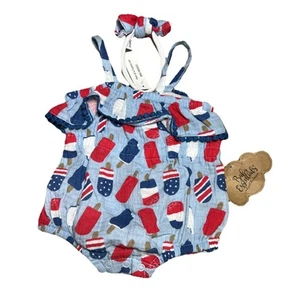 Girls 9M 4th of July Outfit Romper & Headband Set Red White Blue USA Popcicles - Picture 1 of 10