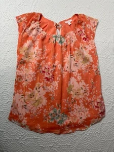 Lauren Conrad Damen Top S orange Blumen Plissee Ausschnitt hinten Schlüsselloch zum Binden Glitzer - Bild 1 von 14