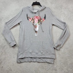 Sudadera con Capucha Mighty Fina Para Mujer Gris Mediana Calavera de Vaca Floral Boho - Imagen 1 de 9