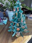 Vintage German Handmade Wooden Christmas Tree With Tinsel And Ornaments AS IS