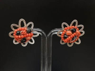 orecchini donna lobo vero corallo rosso naturale onice nero argento bianco 925 - Immagine 1 di 4