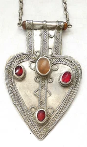 Turkeman Tekke Islamic antique filigree silver amulet pendant necklace gemstones - Picture 1 of 6