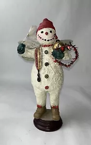 Paul Gordon Vintage Folk Art Primitive Large Snowman With Wreath & Tree & Wings - Picture 1 of 7