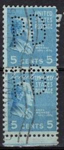 Perfins USA 1938, Sc810 2x 5c James Monroe. Used PD - Picture 1 of 3