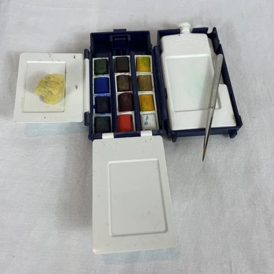 Vintage Travel Winsor & Newton Watercolor Set Palette 12 Paints  1/2 Pans Brush - Image 1 of 4