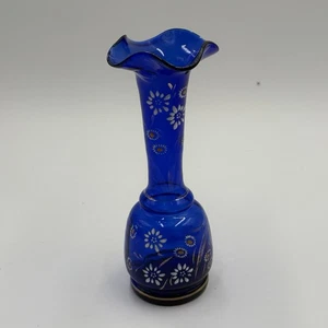 Antique Victorian Cobalt Blue Hand Blown Glass Vase Enamel Hand Painted Floral - Picture 1 of 15